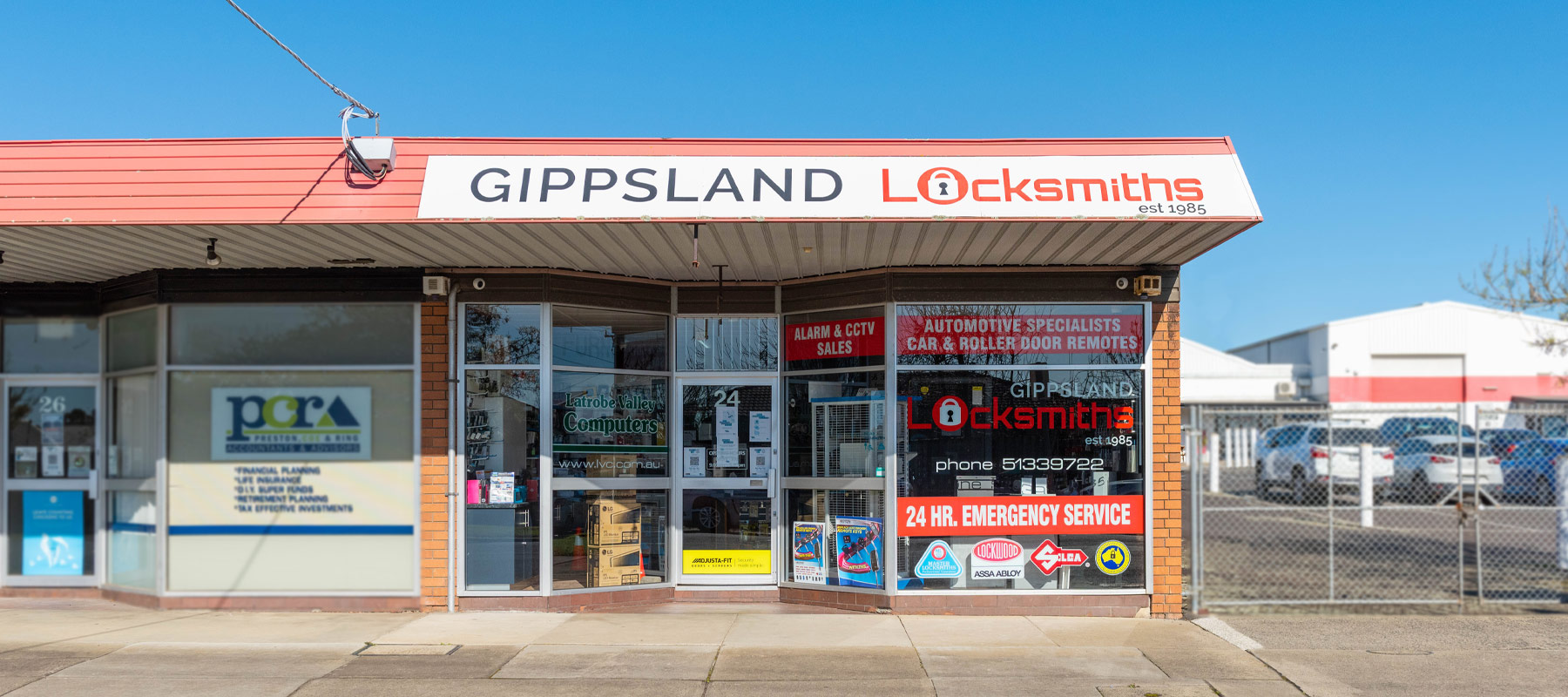 Front view of Gippsland Locksmiths building in Morwell