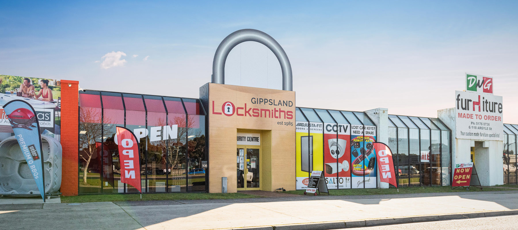 Front view of Gippsland Locksmiths store in Traralgon with signage and large padlock signage