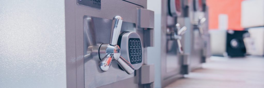 Close up of silver safe with keypad