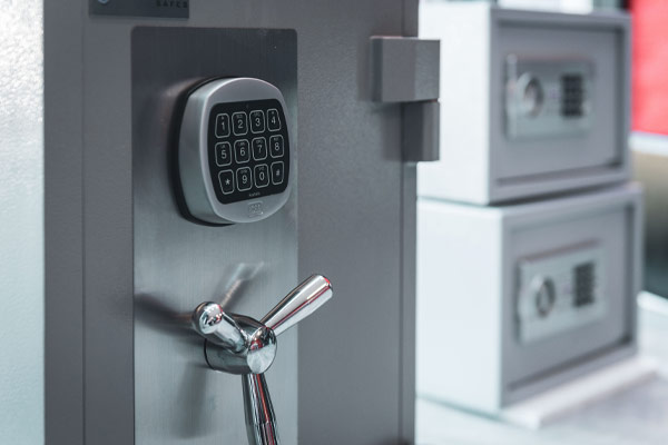 Close up of silver safe with keypad