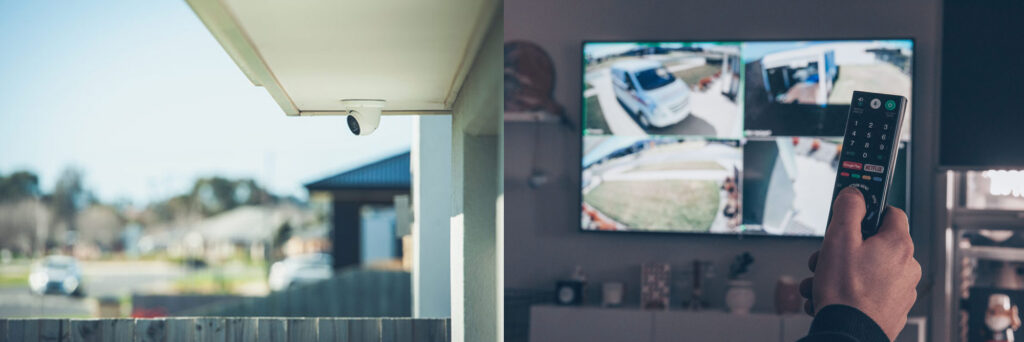 Two photos side by side, showing a white CCTV camera under a roofline on the left, and on the right a hand holding a remote control for a TV, and the TV showing what the camera can see.